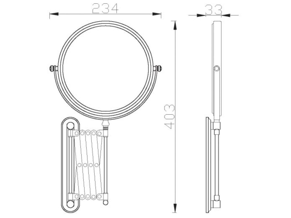 Extendable Shaving Mirror Dimension Drawing