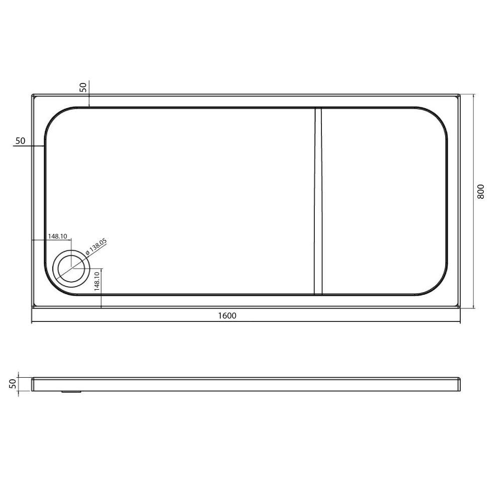 Low Profile Rectangle Anti-Slip Shower Tray 1600x800mm Spec Drawing