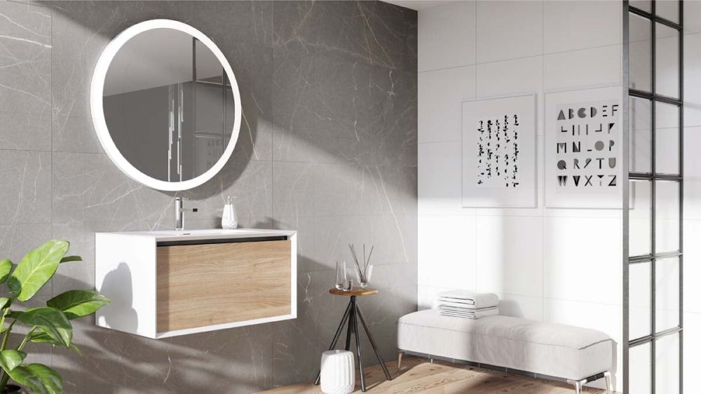 Roomset image showing the Snowdon White and Oak Wall Hung Vanity Unit with White Basin 750mm