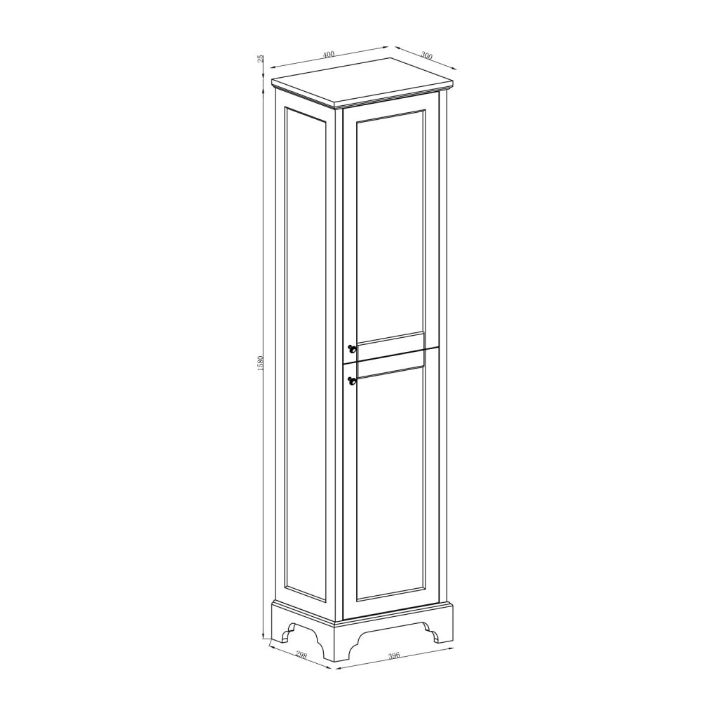 Technical drawing of a traditional matt white floor standing tall storage unit with dimensions