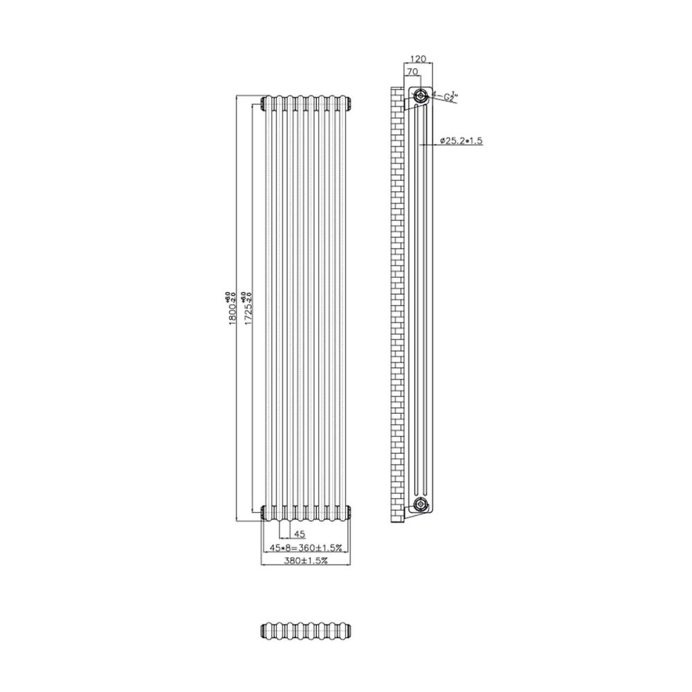 Clement Raw Metal Triple Vertical Column Radiator 1800x380mm