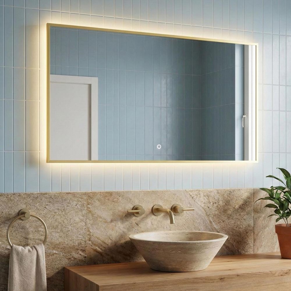 Rione Gold Rectangular Backlit LED Heated Bathroom Mirror 850x550mm