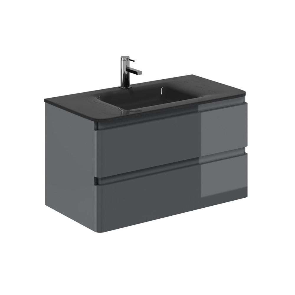 Neon Gloss Titanium Grey Wall Hung Vanity Unit with Grey Glass Basin 900mm