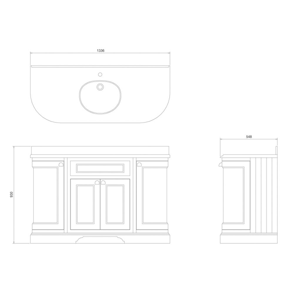 Technical drawing of a traditional grey freestanding vanity unit with one integrated basin
