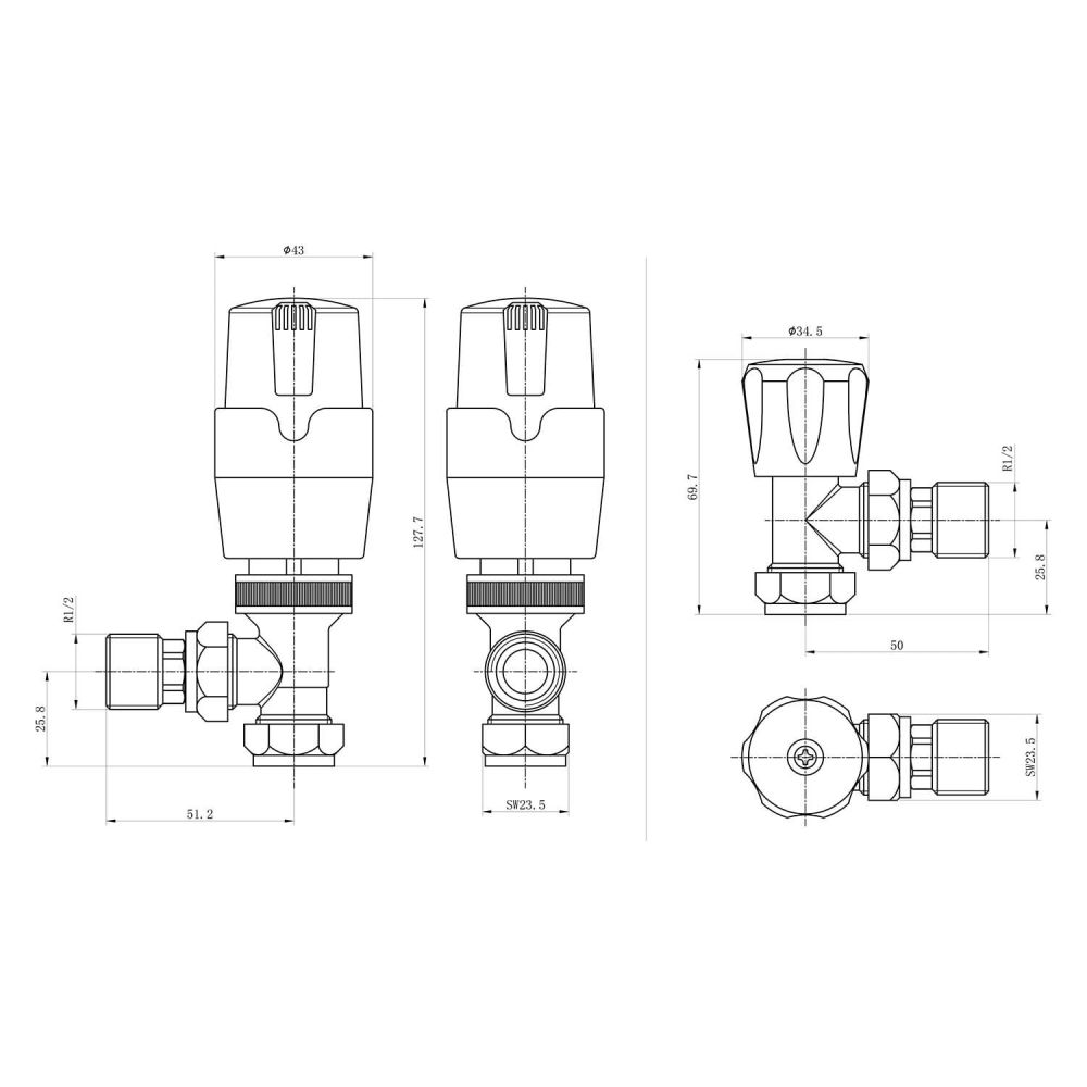 Thermostatic Angled Pair of Radiator Valves Spec Drawing