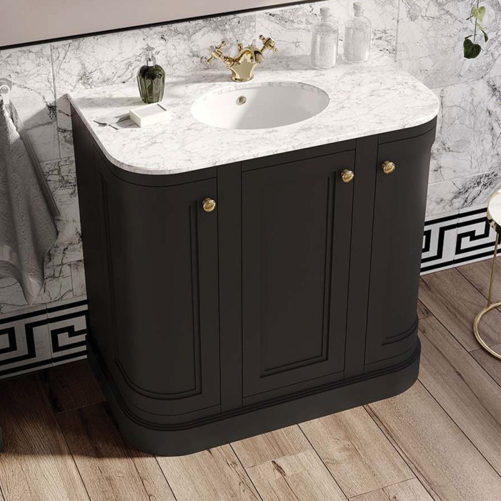 Richmond Black Curved Traditional Floor Standing Vanity Unit with White Marble Top 900mm
