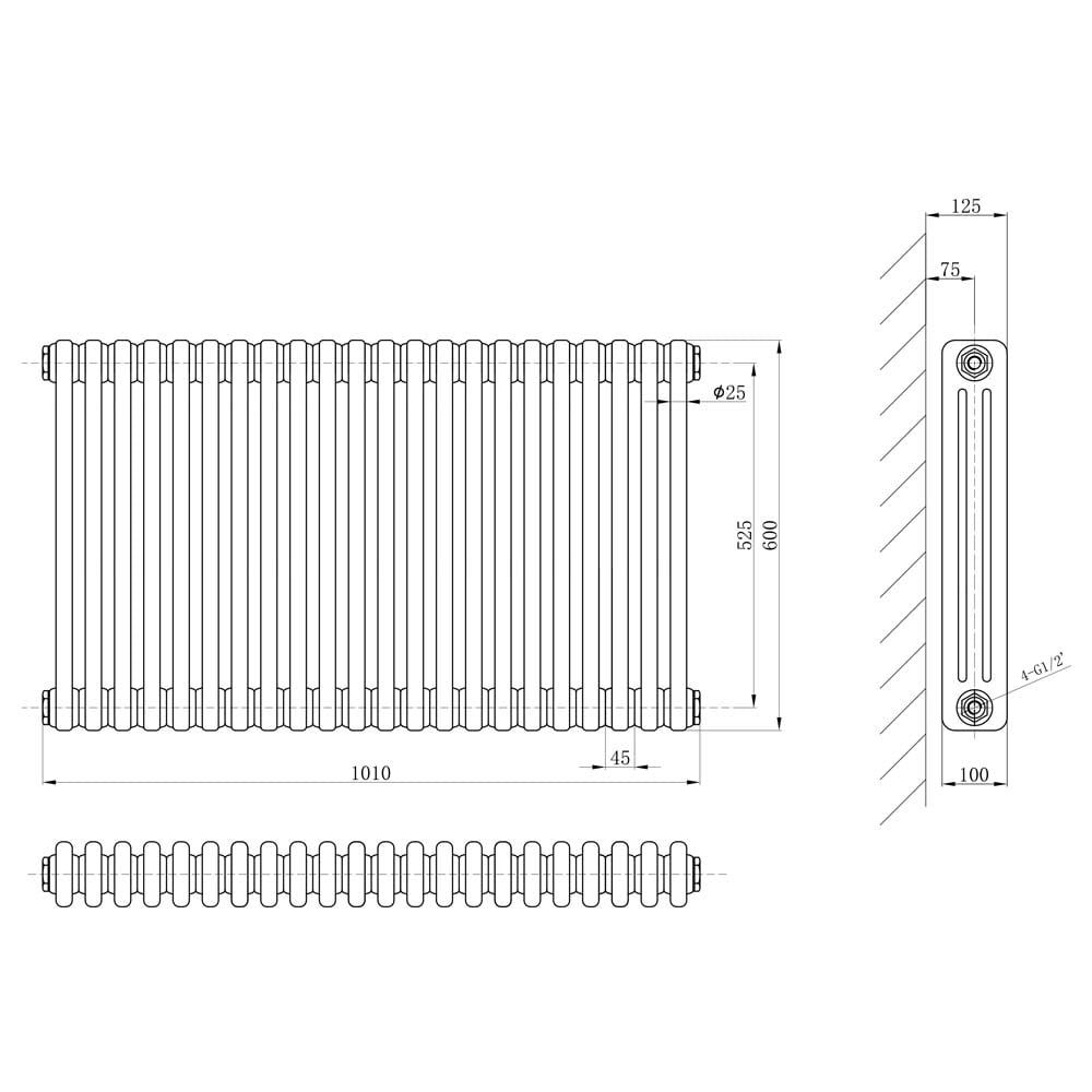 Upton White Triple Horizontal Column Radiator 600x1010mm