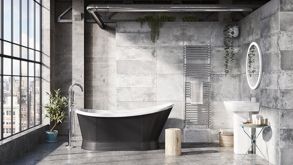 Hoff Matt Black Industrial Freestanding Acrylic Bath 1676x780mm - Roomset 2