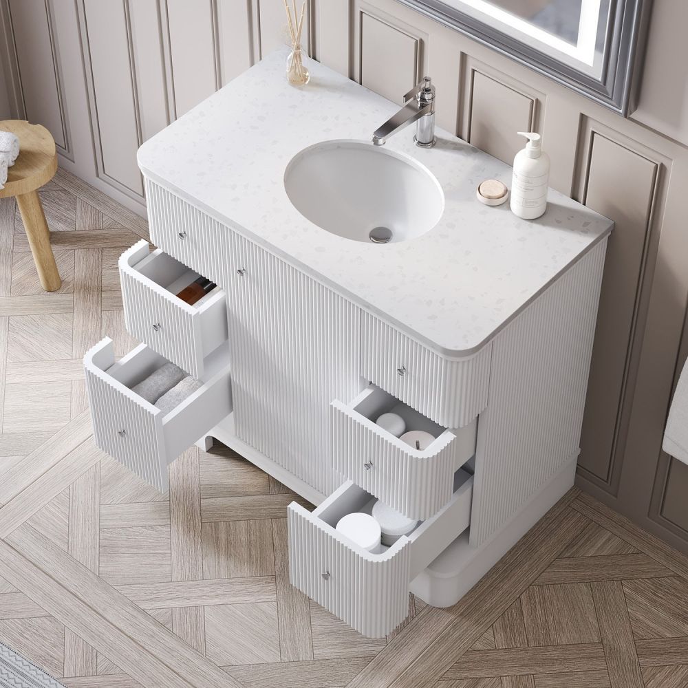 traditional bathroom showing the Hayward White Ribbed Floor Standing Vanity Unit 900mm open