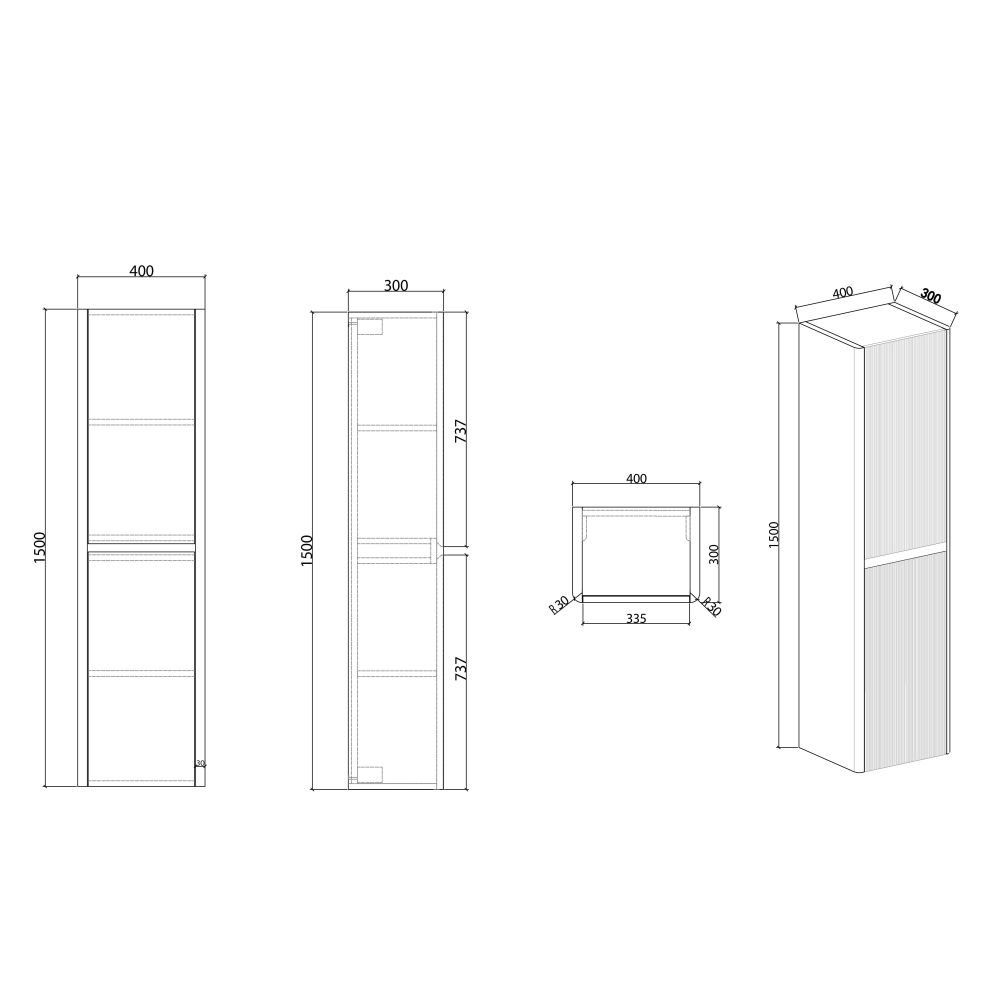 Liora Wall Hung Matt White Ribbed Tall Storage Unit Spec Drawing