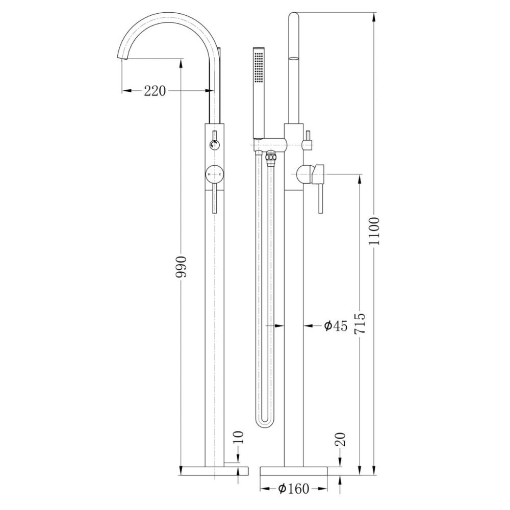 Moray Gunmetal Floor Standing Bath Tap With Hand Held Shower - dimensions