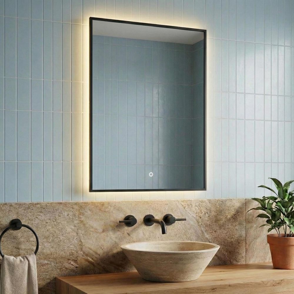 Rione Black Rectangular Backlit LED Heated Bathroom Mirror 500x725mm