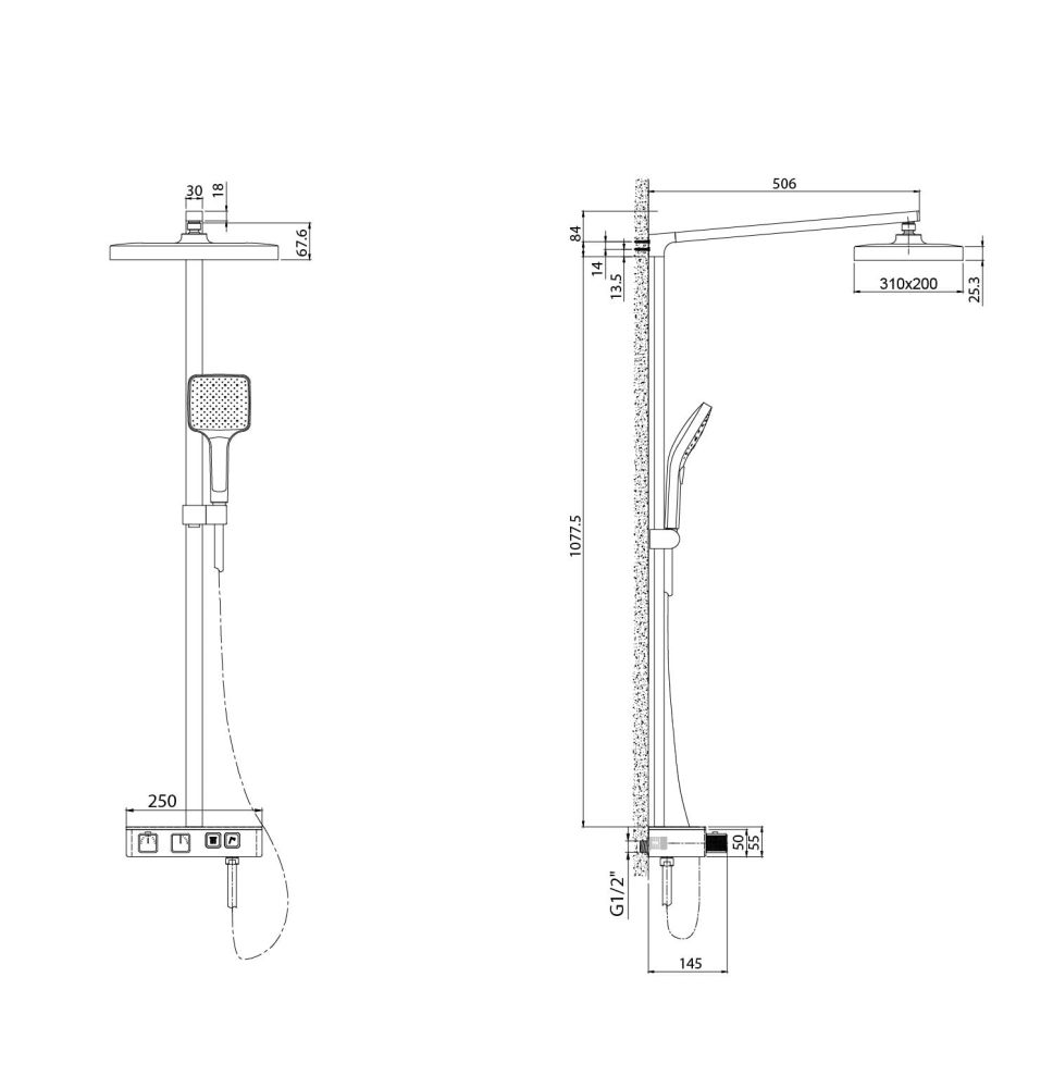 Flint Thermostatic Shower Pack Technical Spec Drawing