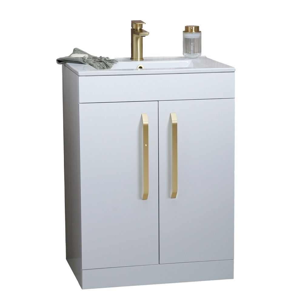 Apex 615mm Floor Standing Vanity Unit & Basin in Gloss White with Brushed Gold Handles