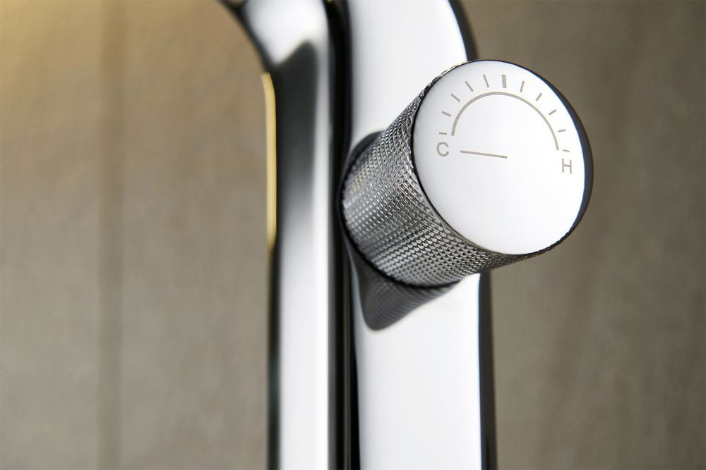 Close up control detail of the Manisa Chrome Tall Basin Mono Tap