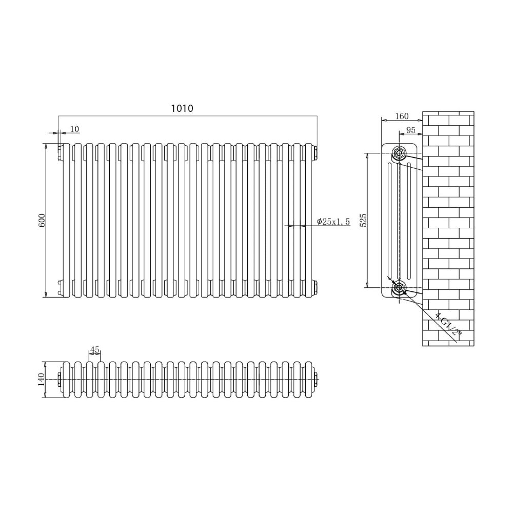 Upton White Quadruple Horizontal Column Radiator 600x1010mm