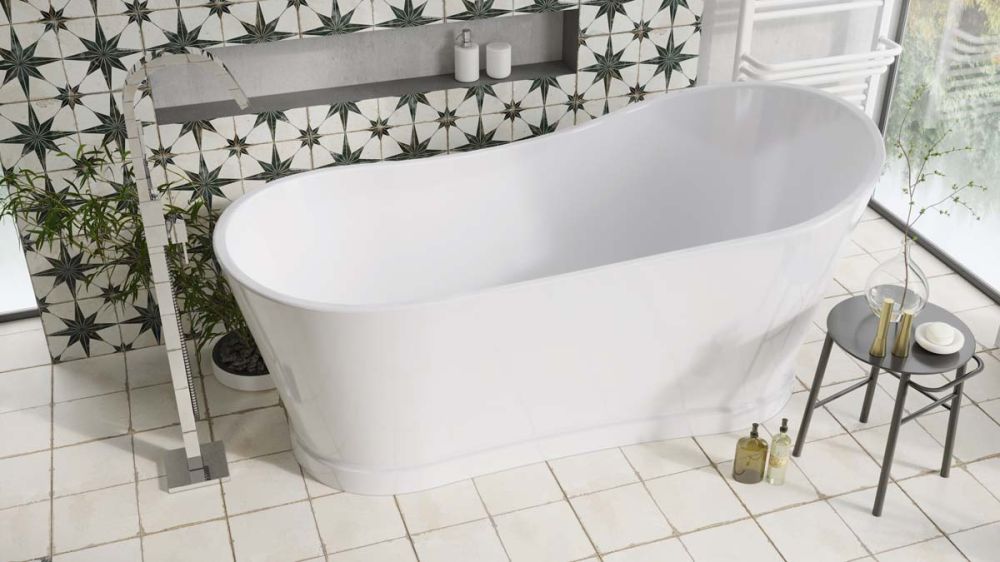 Modern lifestyle image showing the Tadeo Freestanding Acrylic Bath 1720x790mm from above
