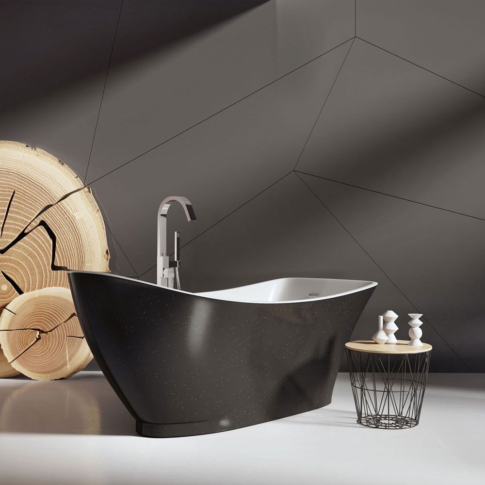 Room set showing the Eton Black Galaxy Freestanding Acrylic Bath 1750x750mm