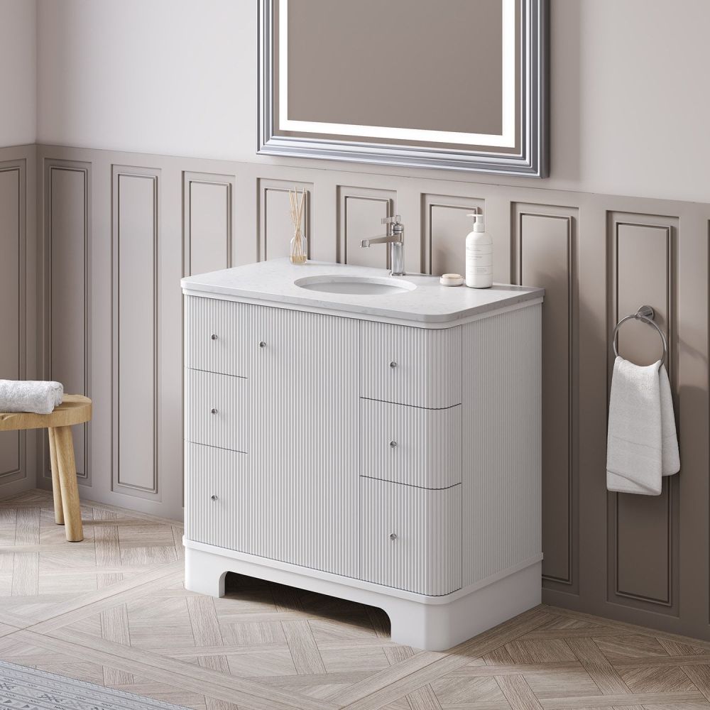 Traditional room showing the Hayward White Ribbed Floor Standing Vanity Unit 900mm