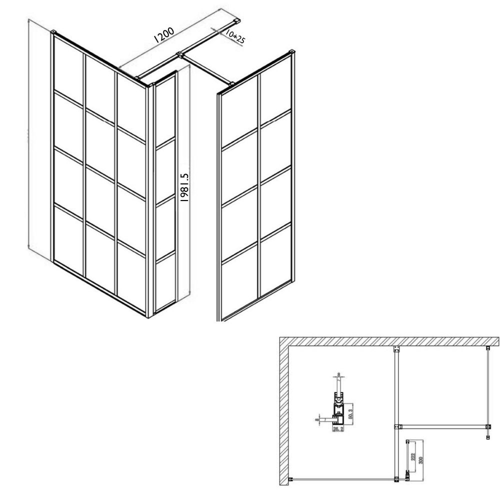 Amien Matt Black Grid Crittal Glass Pivot Return Panel 300mm Spec Drawing
