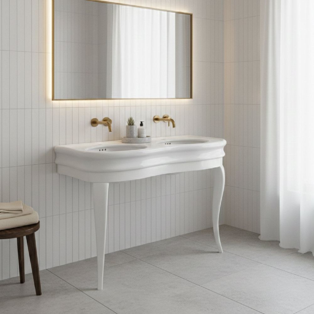 Laine Gloss White Double Console Basin with Wooden Stand