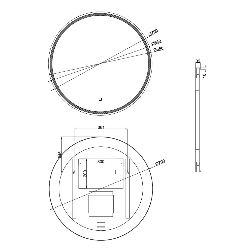 Avery Black Circle Round Illuminated LED Heated Bathroom Mirror 700x700mm Dimension Drawing