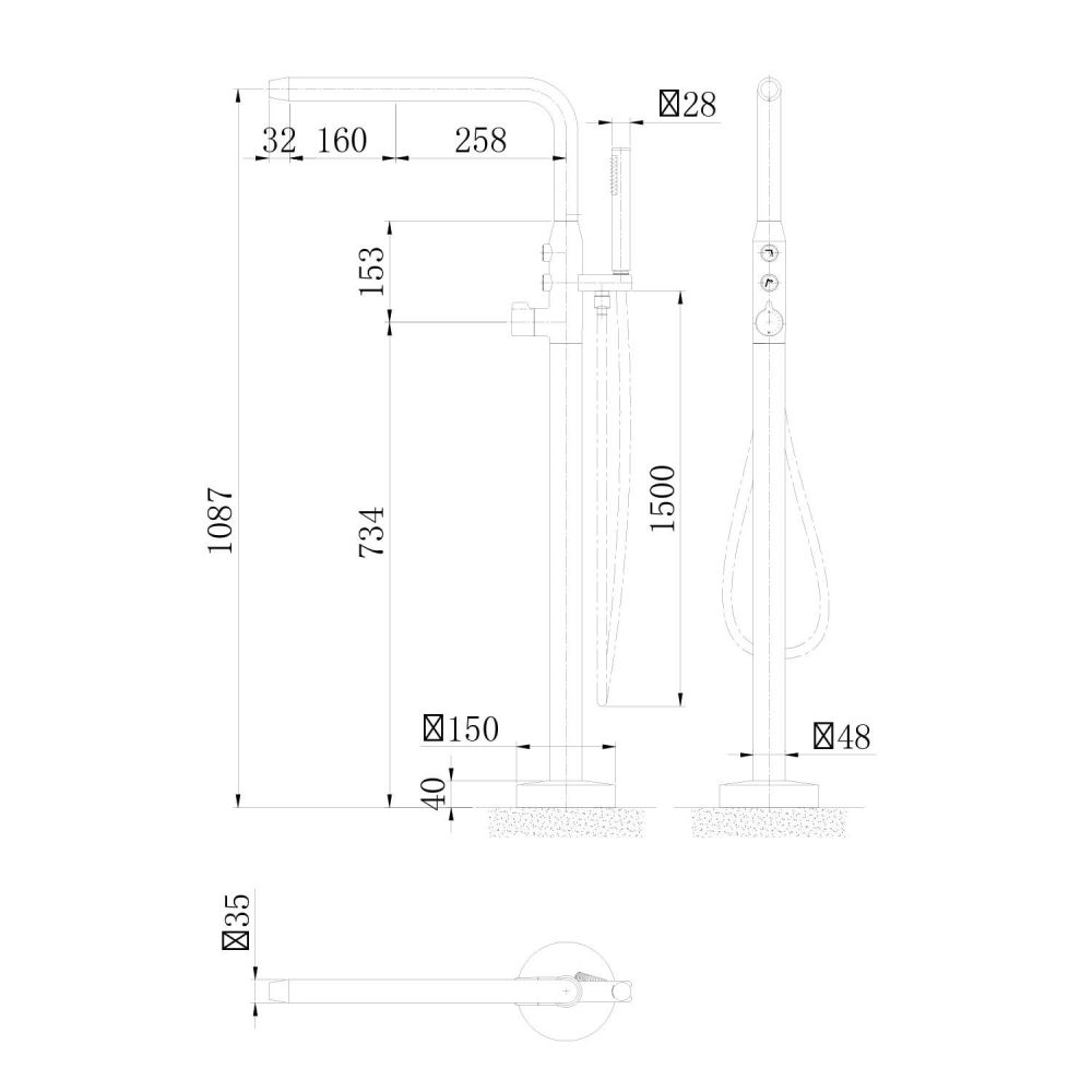 Manisa Chrome Floor Standing Bath Shower Mixer dimensions