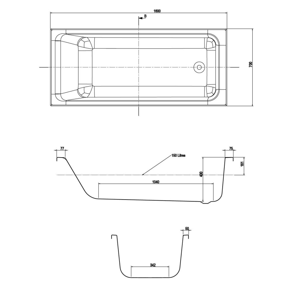 Aero Reinforced Acrylic Single Ended Bath 1600x700mm - Detailed dimensions