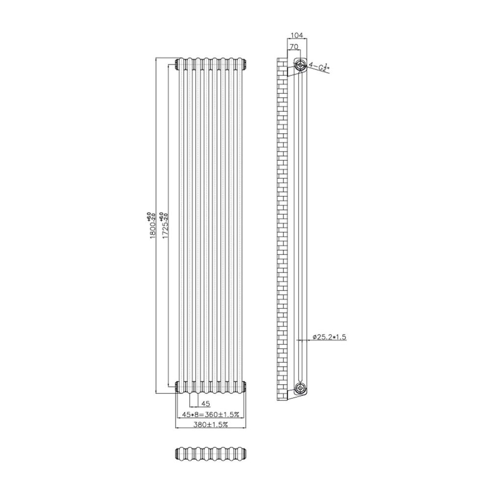Clement Double Vertical Column Radiator 1800x380mm Technical Drawing