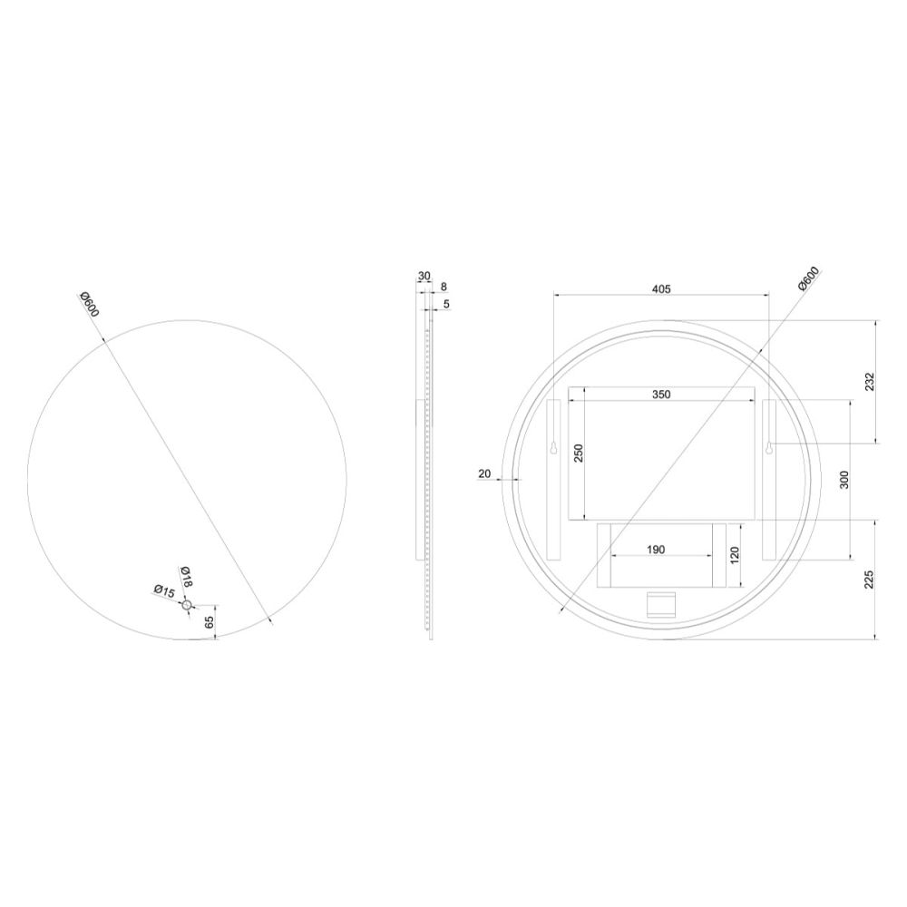 Felix Round Circle Backlit LED Heated Bathroom Mirror 600x600mm Dimension Technical Drawing