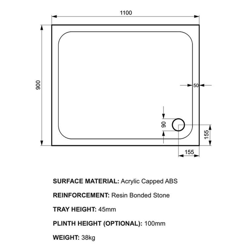 Kstone Rectangular Shower Tray 1100x900mm KS11090 Spec Drawing