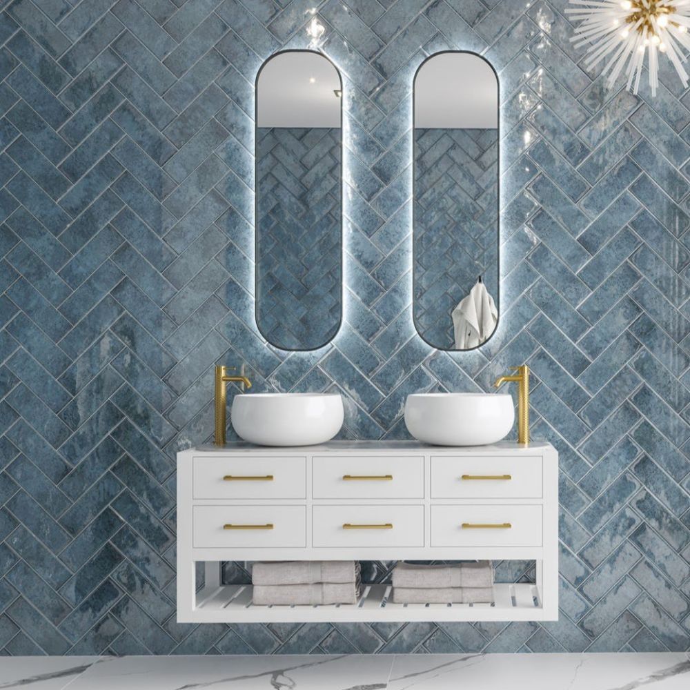 Lugano Blue Ceramic Brick Tile 100x300mm