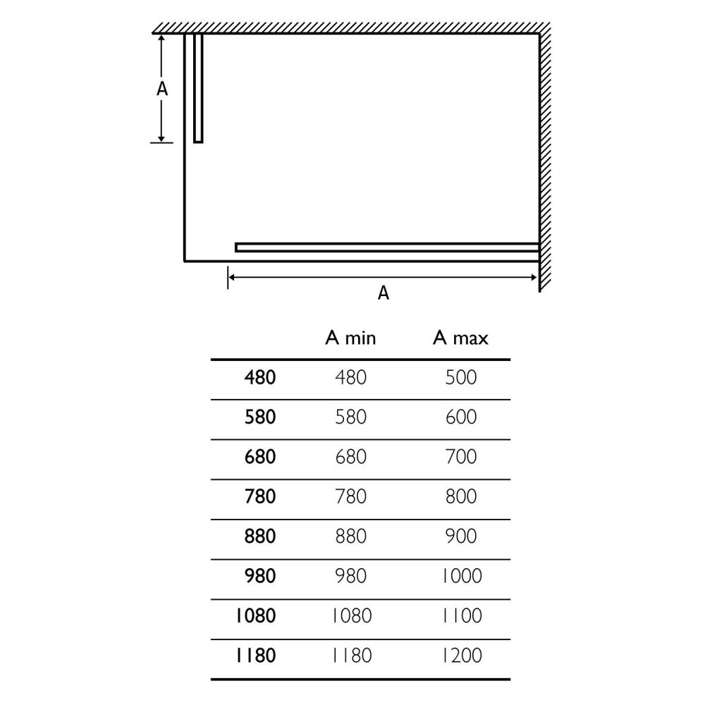 Oxford Walk-In Wetroom Shower Screen Spec Line Drawing