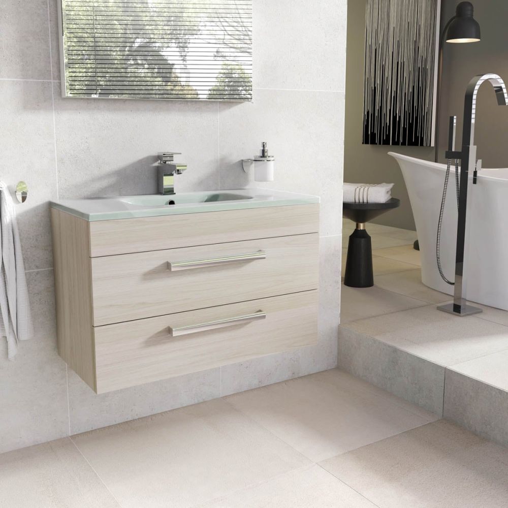 Nante Light Elm Wall Hung Vanity Unit with Glass Basin 800mm