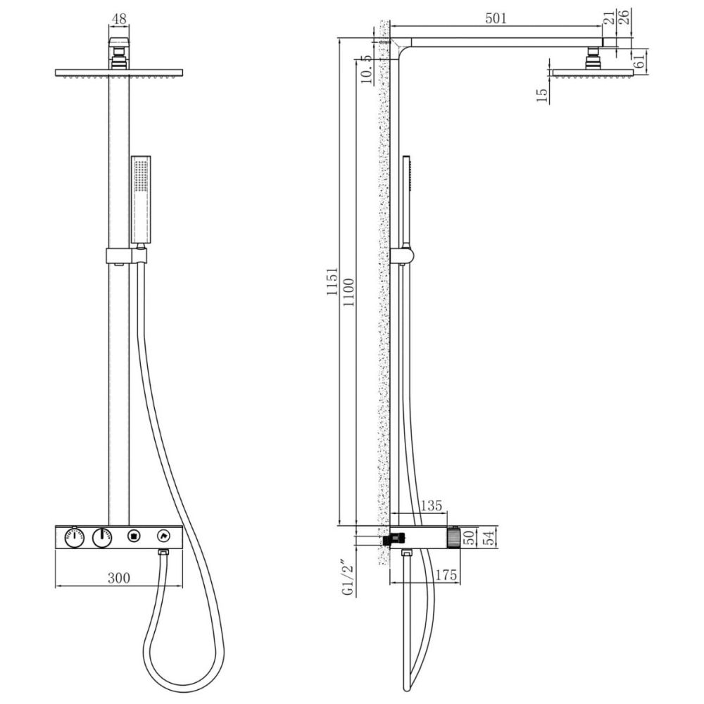 Baylin Aris Round Thermostatic Chrome Shower Pack Spec Drawing