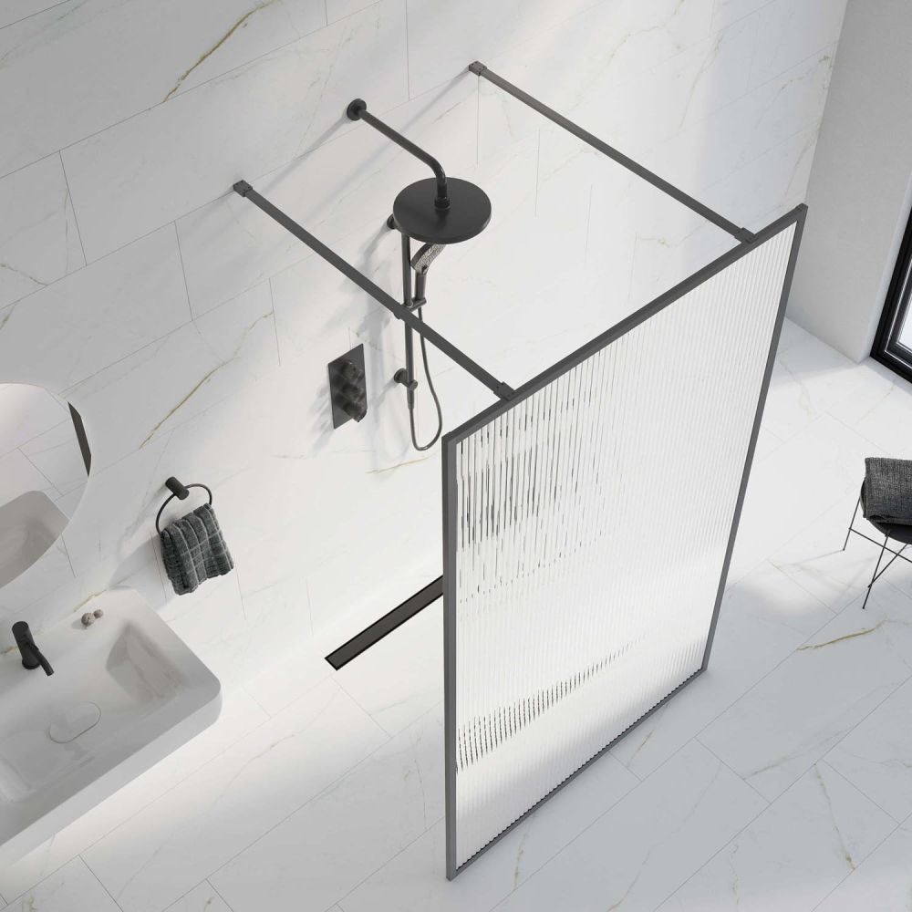 Amien Gunmetal Framed Fluted Glass Shower Screen
