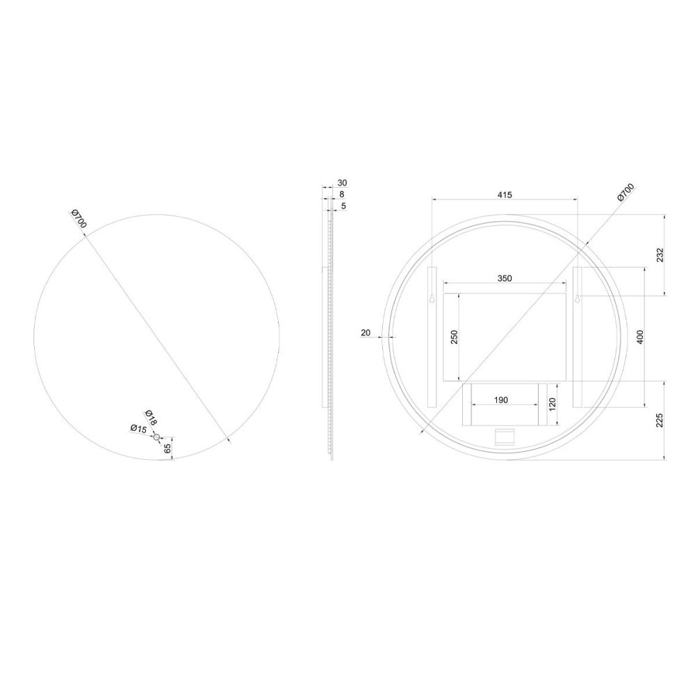 Felix Round Circle Backlit LED Heated Bathroom Mirror 700x700m Dimension Technical Drawing