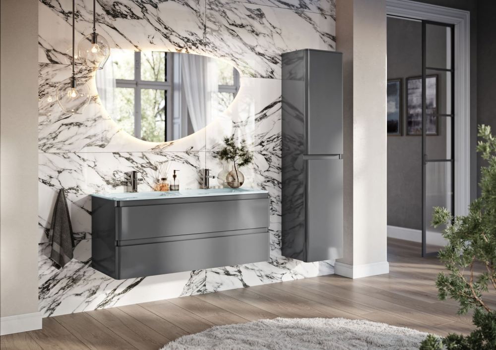Neon Gloss Titanium Grey Wall Hung Vanity Unit with Opal Glass Basin 1200mm