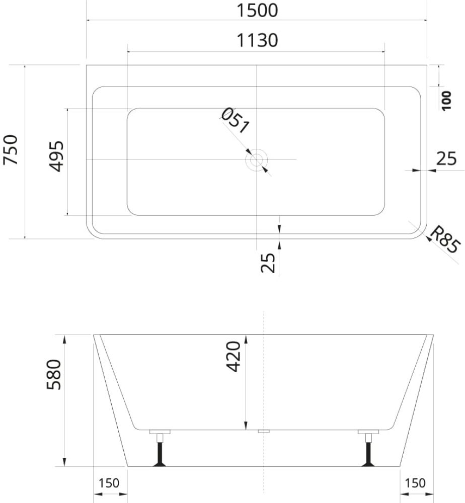 Milo White Freestanding Double Skinned Acrylic Bath 1500x750mm - dimensions