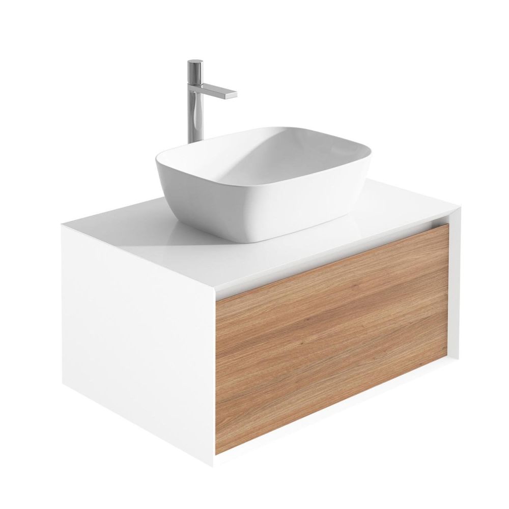 Snowdon 600mm Wall Hung Vanity Unit with White Worktop in White & Oak