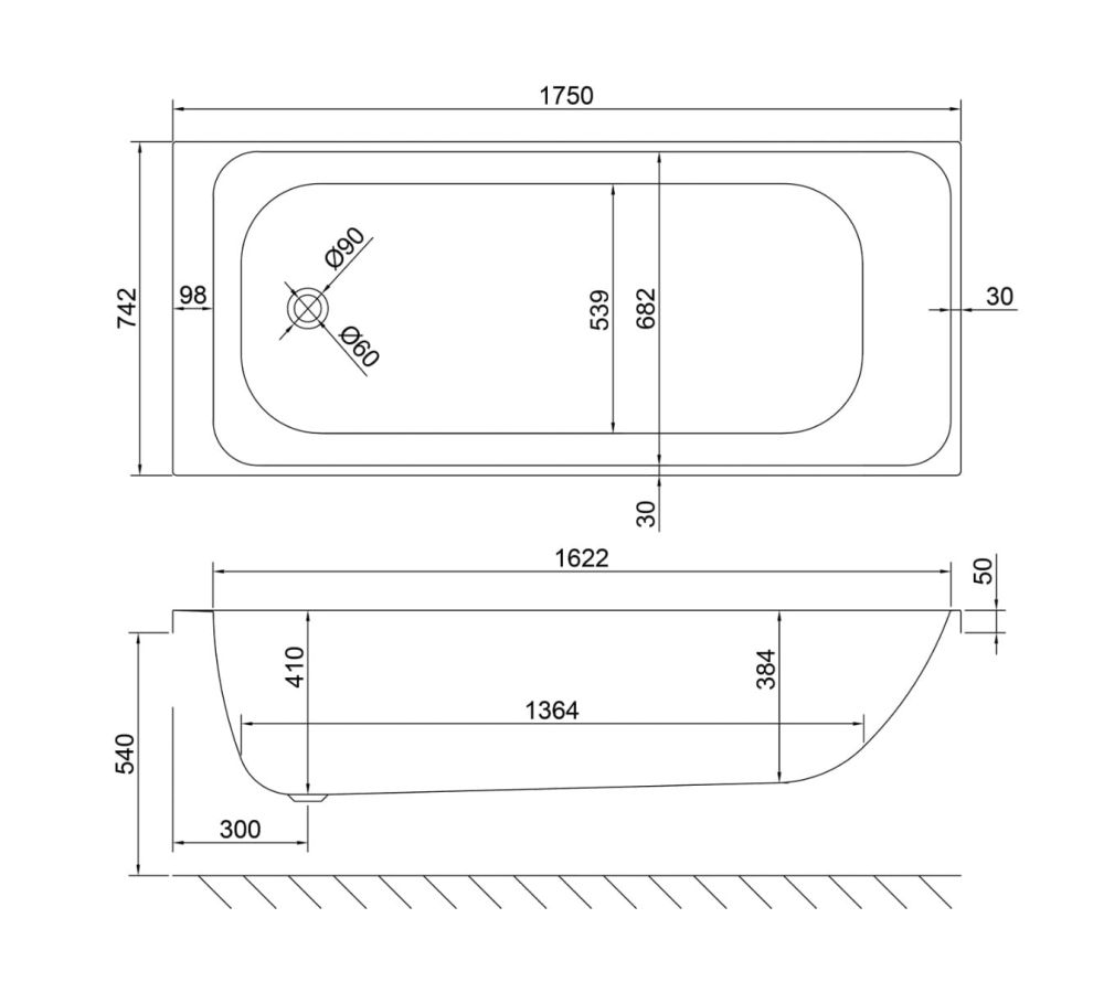 Carron Profile Acrylic Single Ended Bath 1750x750mm