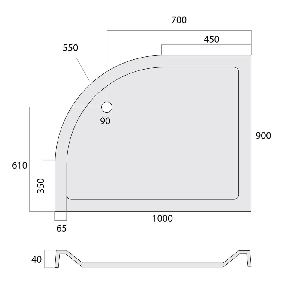 Low Profile Right Hand Offset Quadrant Shower Tray 1000x900mm Spec Drawing