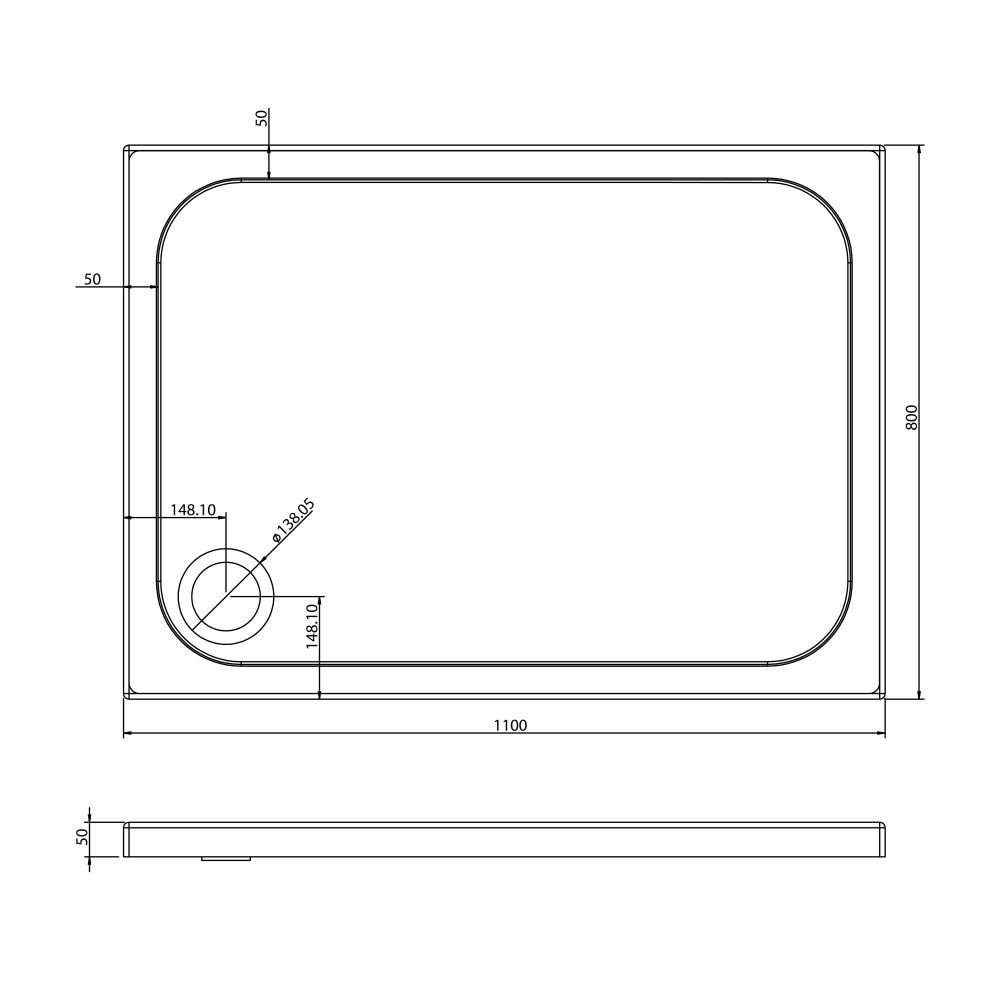 Low Profile Rectangle Shower Tray 1100x800mm Spec Drawing