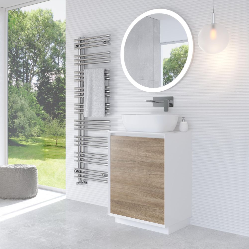 Snowdon White and Oak Floor Standing Vanity Unit with White Worktop 600mm