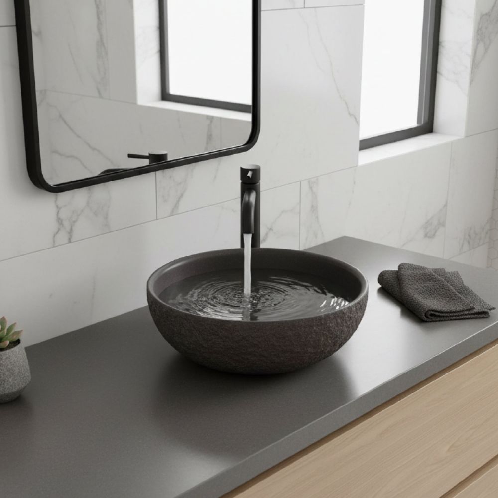 Brava Dark Grey Natural Stone Textured Round Countertop Basin 370mm