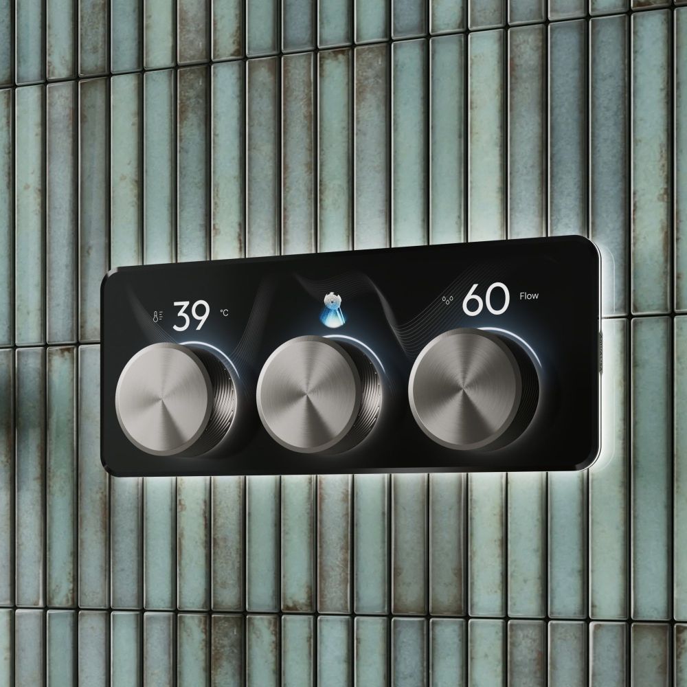 Aqualisa S3 Gunmetal Controls kon an aqua tiled background