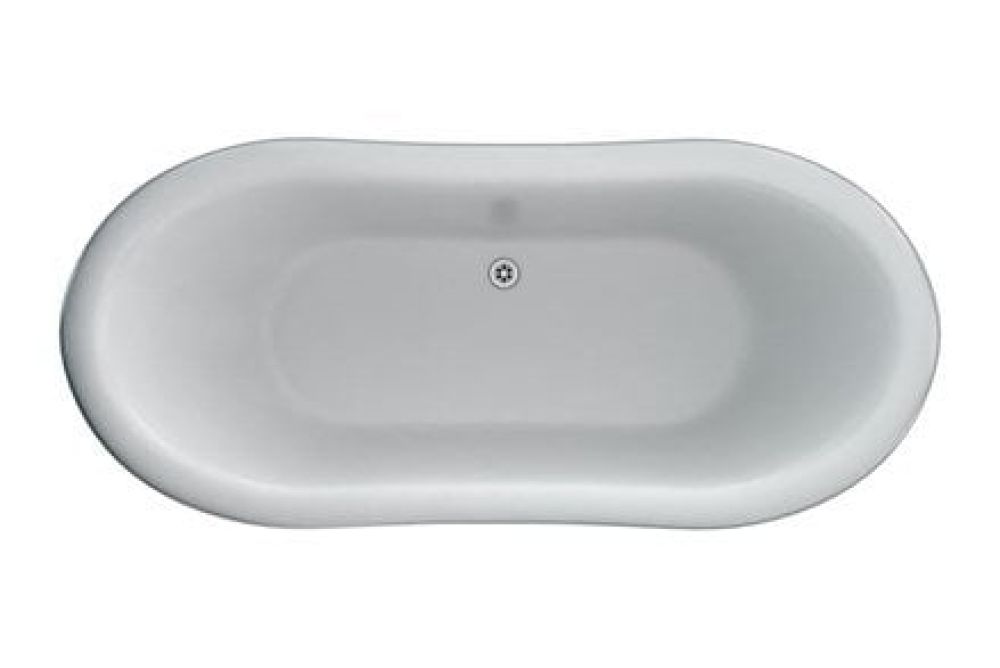 aerial view of a white boat shaped double ended bath with roll top edge and luxury chrome claw feet