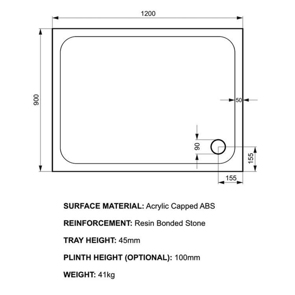 Kstone Rectangular Shower Tray 1200x900mm KS12090 Spec Drawing