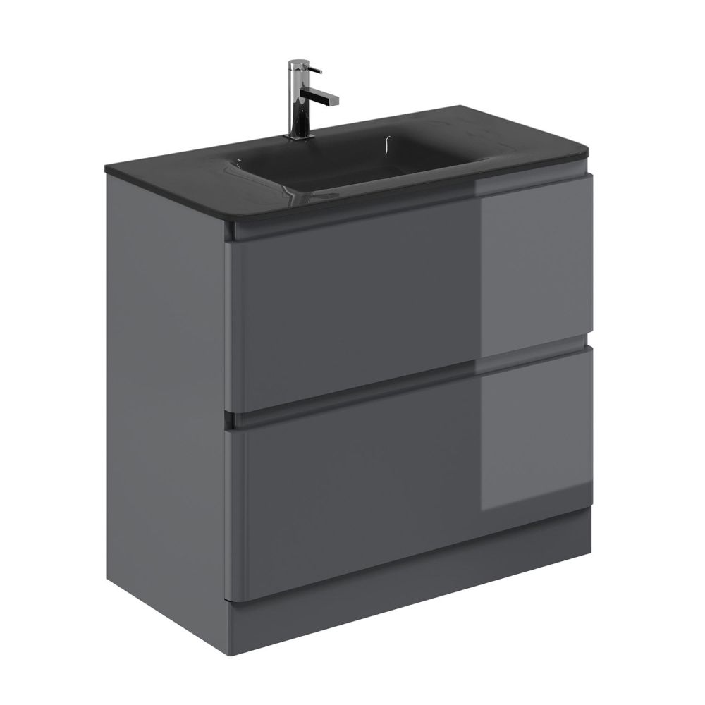 Neon Gloss Titanium Grey Floor Standing Vanity Unit with Grey Glass Basin 900mm