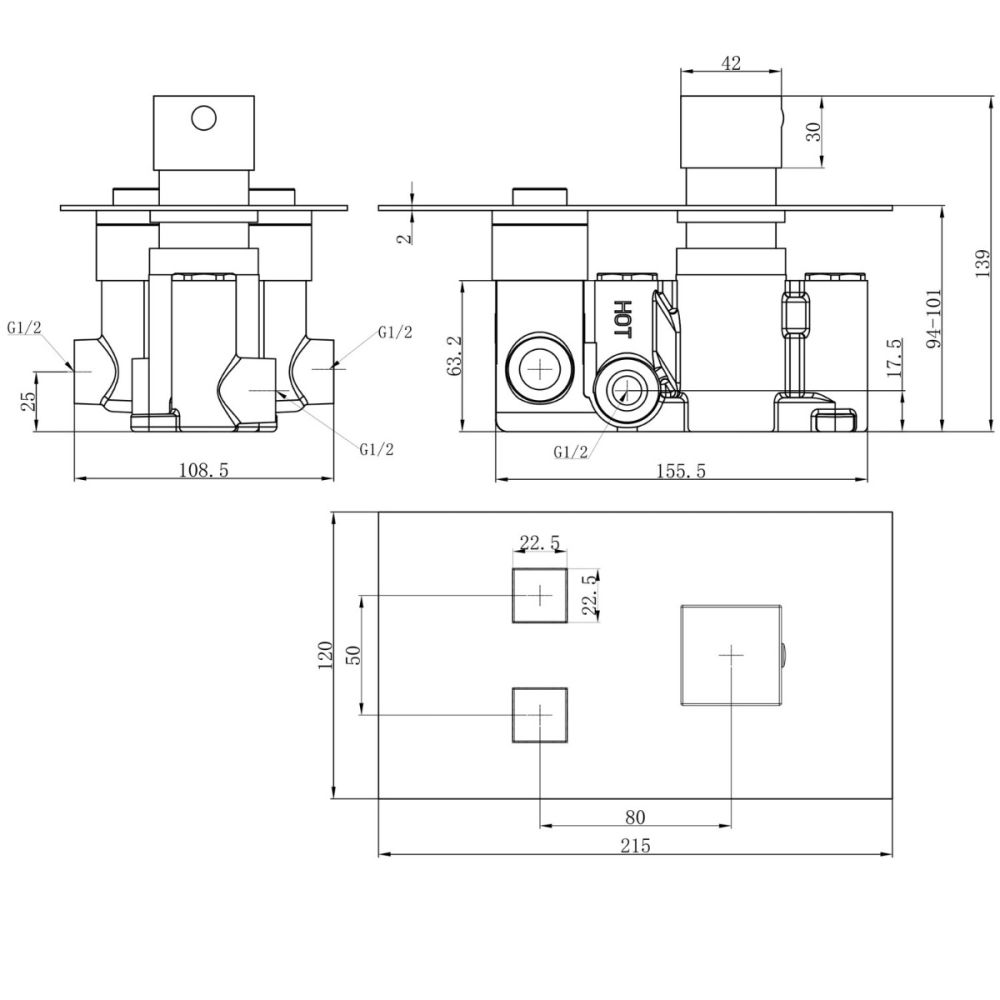 Concord Double Outlet Square Touch Control concealed Shower Valve Spec